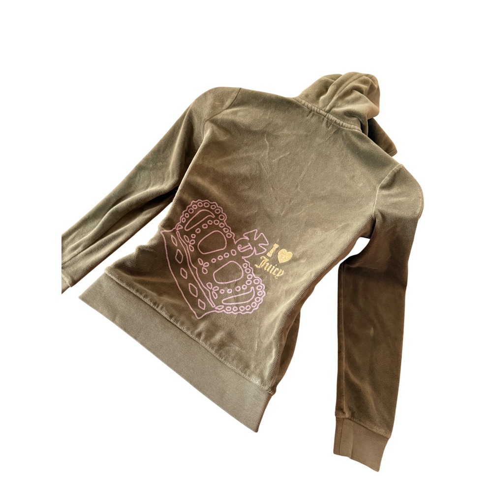 Y2K Vintage Juicy Couture Kids Girls Olive Green Velour Crown Zip Up Hoodie